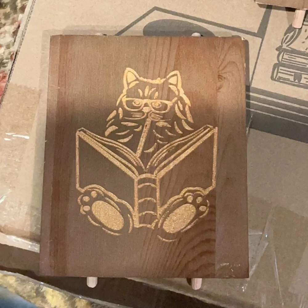 Wooden Desk Organizer with Owl and Cat Engravings